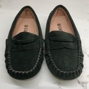 Dark green suede toddler boy boat shoe loafers